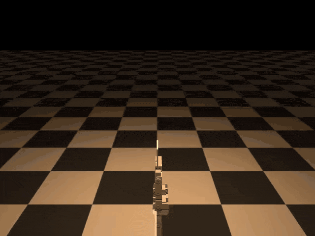 Animated simulated robot walking successfully across the checkerboard floor, a different run