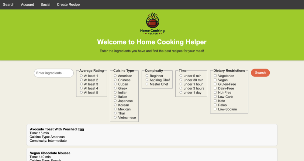 Home Cooking Helper search interface with ingredient, cuisine, and dietary restriction filters